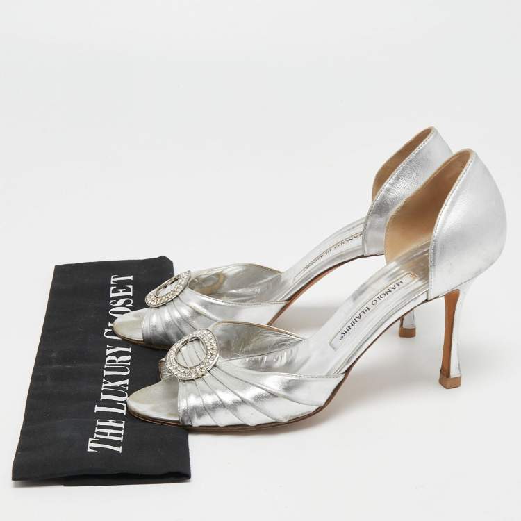 Pre Owned Manolo Blahnik Silver Leather Sebaraby Pumps Size 39