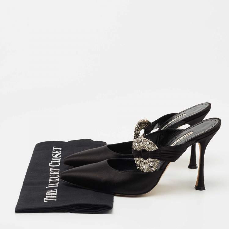 Pre Owned Manolo Blahnik Black Satin Maidugur Pointed Toe Mules Size 39