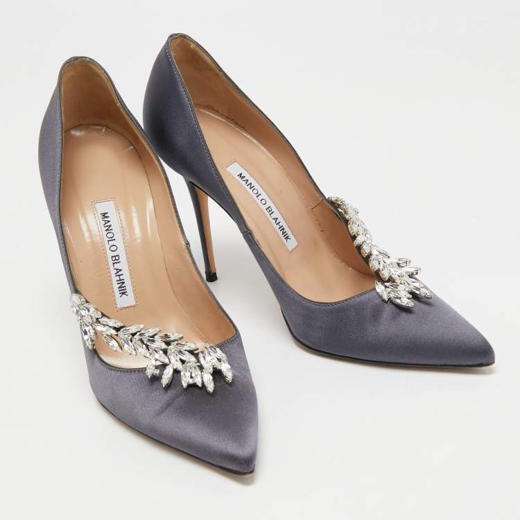 Pre Owned Manolo Blahnik Grey Satin Nadira Pumps Size 38