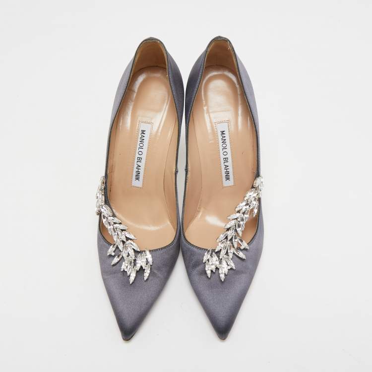 Pre Owned Manolo Blahnik Grey Satin Nadira Pumps Size 38