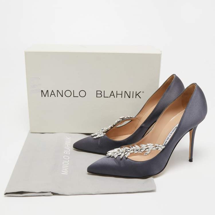 Pre Owned Manolo Blahnik Grey Satin Nadira Pumps Size 38