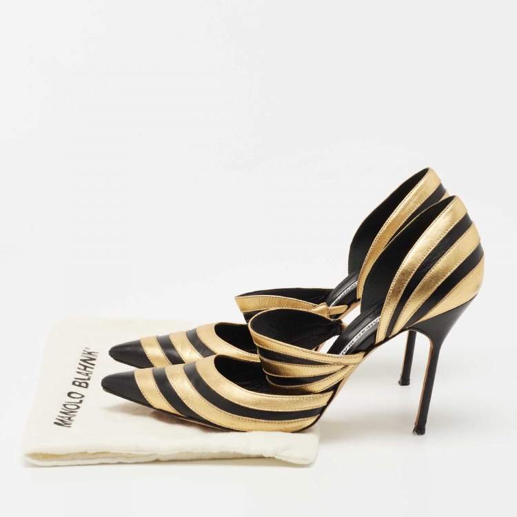 Pre Owned Manolo Blahnik Black/Gold Leather Dorsay Pumps Size 39.5