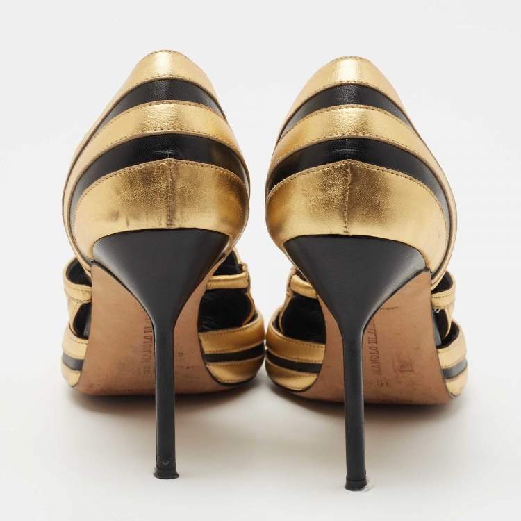 Pre Owned Manolo Blahnik Black/Gold Leather Dorsay Pumps Size 39.5
