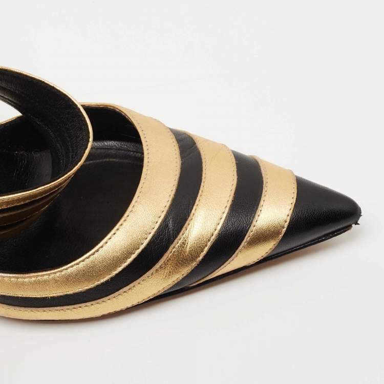 Pre Owned Manolo Blahnik Black/Gold Leather Dorsay Pumps Size 39.5