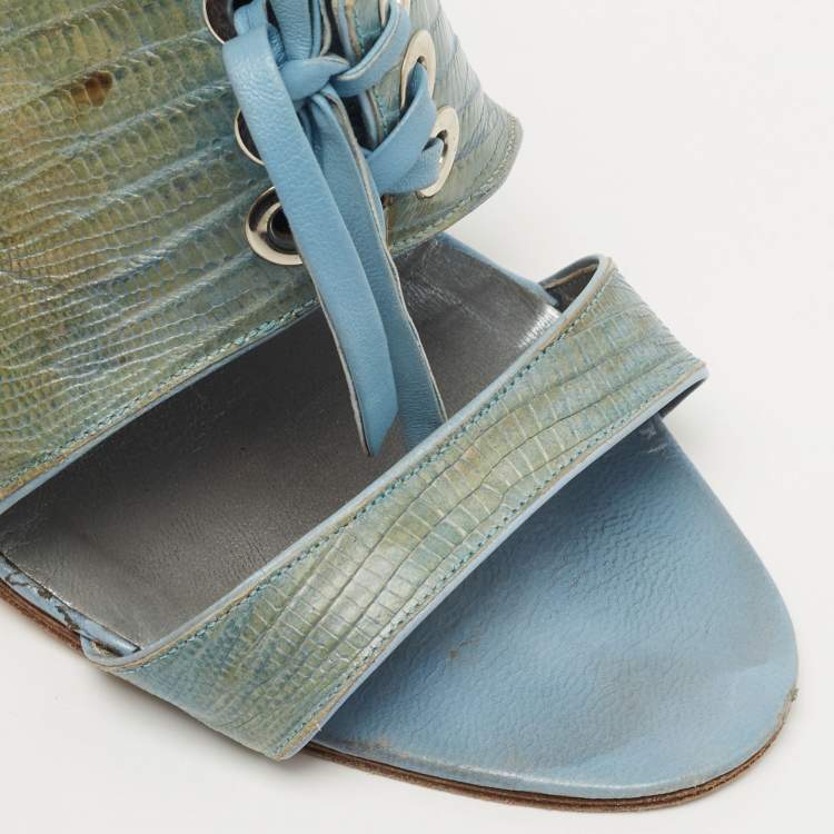 Pre Owned Manolo Blahnik Turquoise Lizard Leather Slingback Sandals Size 40