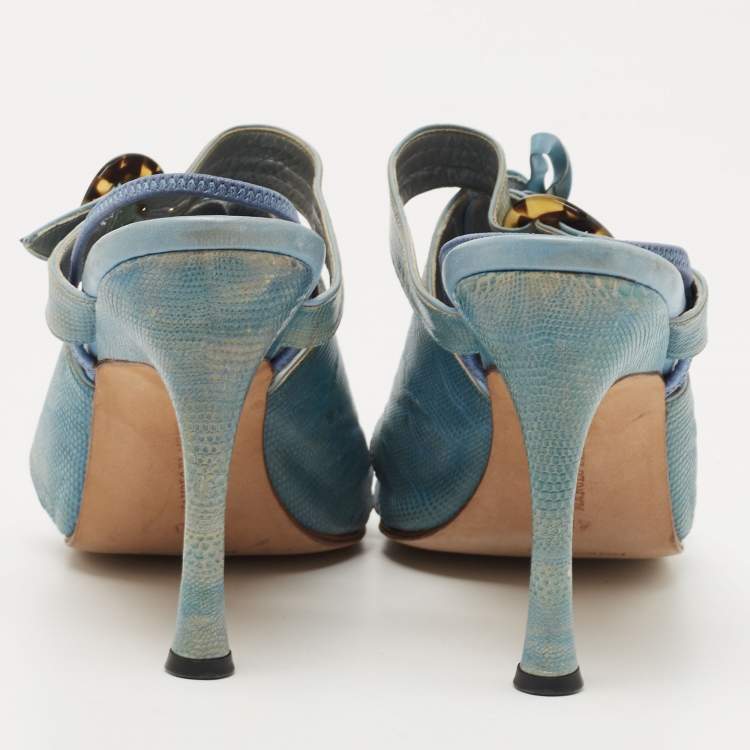 Pre Owned Manolo Blahnik Turquoise Lizard Leather Slingback Sandals Size 40