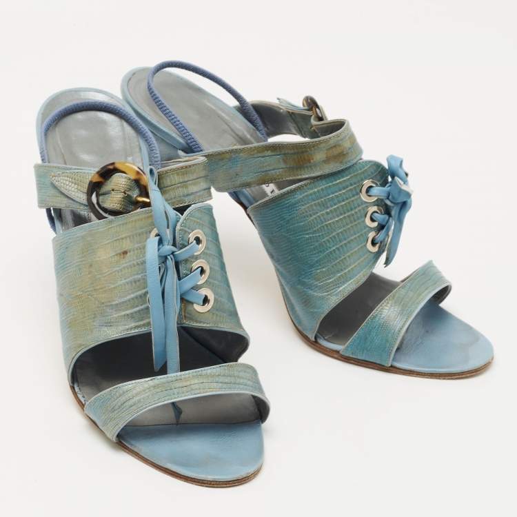 Pre Owned Manolo Blahnik Turquoise Lizard Leather Slingback Sandals Size 40