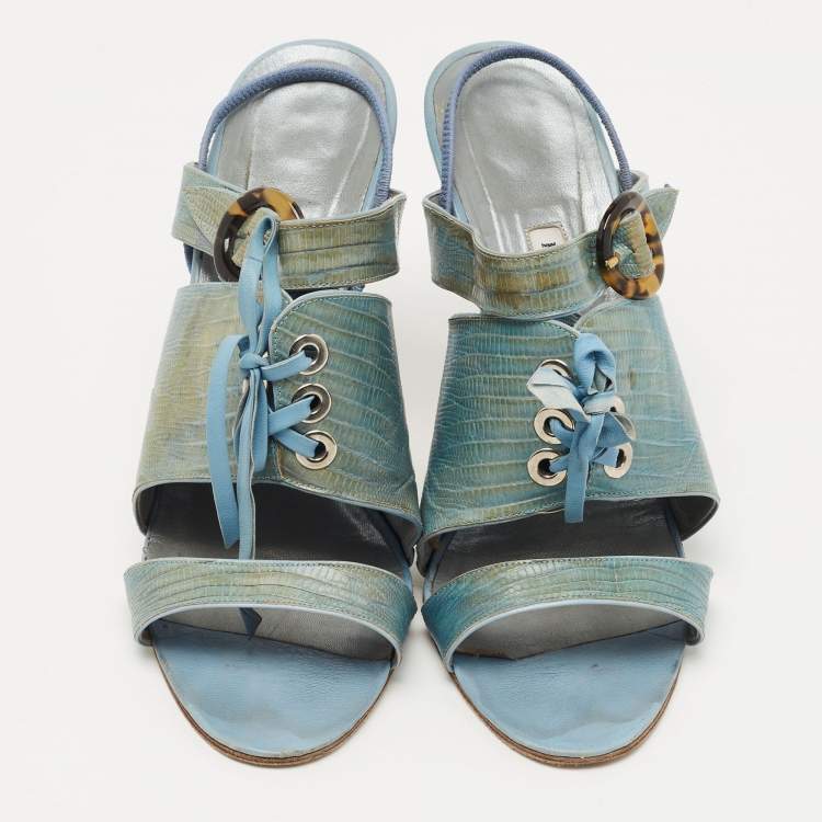 Pre Owned Manolo Blahnik Turquoise Lizard Leather Slingback Sandals Size 40