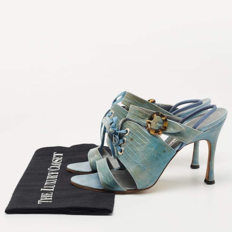 Pre Owned Manolo Blahnik Turquoise Lizard Leather Slingback Sandals Size 40