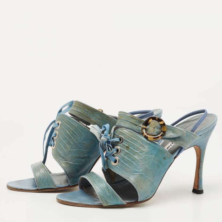 Pre Owned Manolo Blahnik Turquoise Lizard Leather Slingback Sandals Size 40