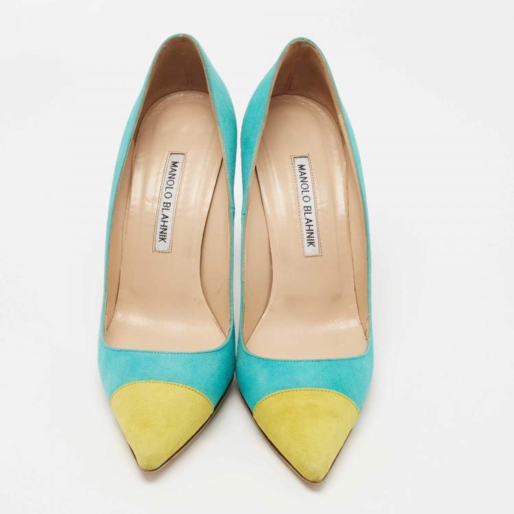 Pre Owned Manolo Blahnik Turquoise/Yellow Suede Bipunta Pumps Size 37.5
