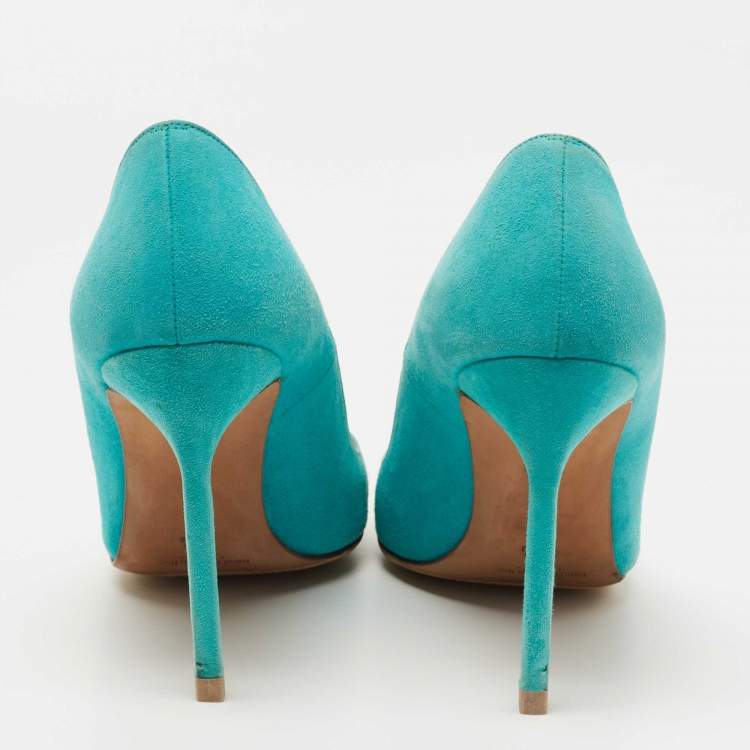 Pre Owned Manolo Blahnik Turquoise/Yellow Suede Bipunta Pumps Size 37.5