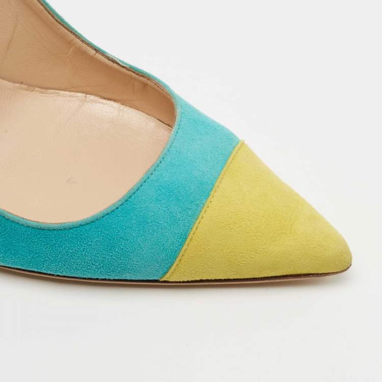 Pre Owned Manolo Blahnik Turquoise/Yellow Suede Bipunta Pumps Size 37.5