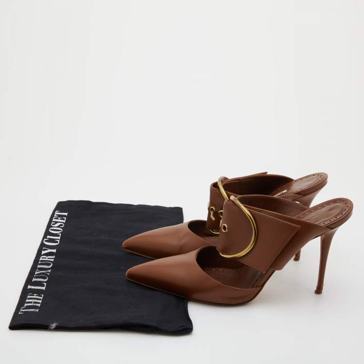 Pre Owned Manolo Blahnik Brown Leather Buckle Detail Pointed Toe Mules Size 36