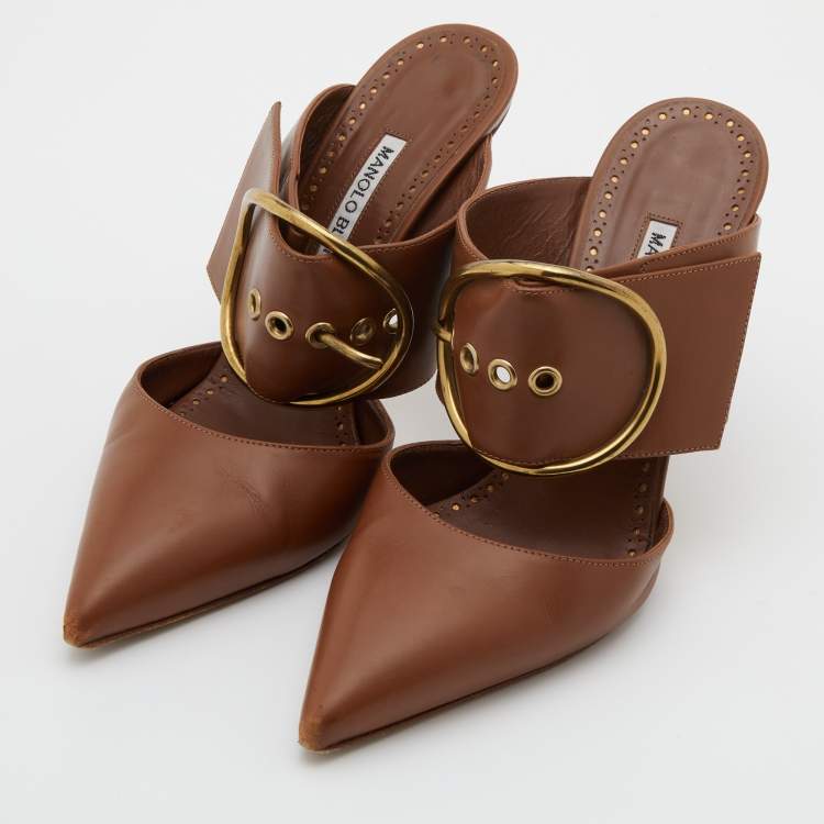 Pre Owned Manolo Blahnik Brown Leather Buckle Detail Pointed Toe Mules Size 36