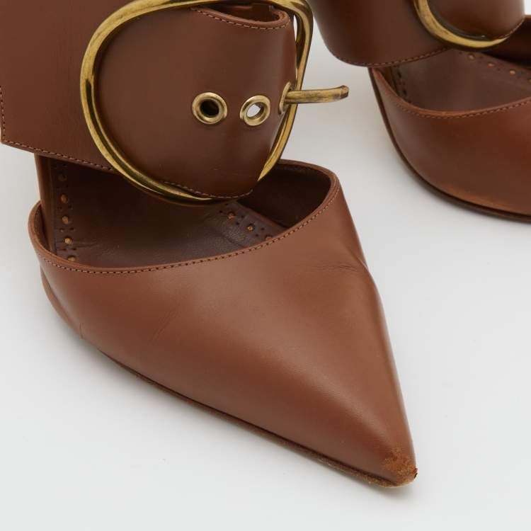 Pre Owned Manolo Blahnik Brown Leather Buckle Detail Pointed Toe Mules Size 36