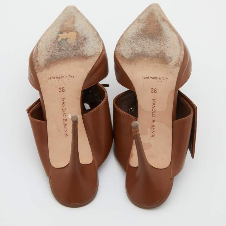 Pre Owned Manolo Blahnik Brown Leather Buckle Detail Pointed Toe Mules Size 36