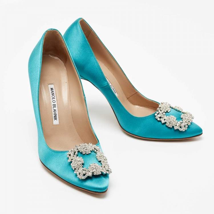Pre Owned Manolo Blahnik Turquoise Satin Hangisi Pumps Size 38