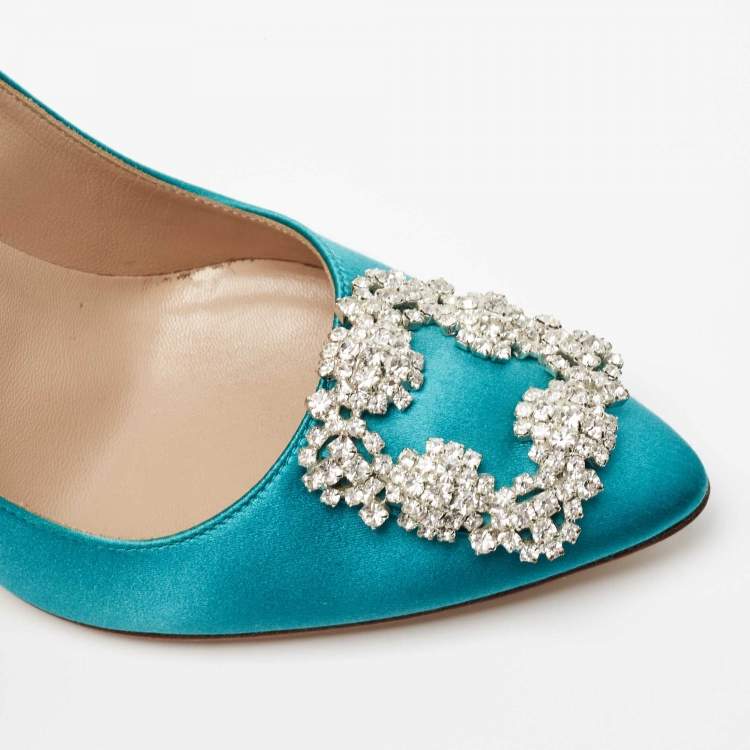 Pre Owned Manolo Blahnik Turquoise Satin Hangisi Pumps Size 38