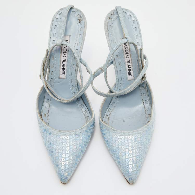 Pre Owned Manolo Blahnik Light Blue Denim Sea Salts Sequins Ankle Strap Pumps Size 36.5
