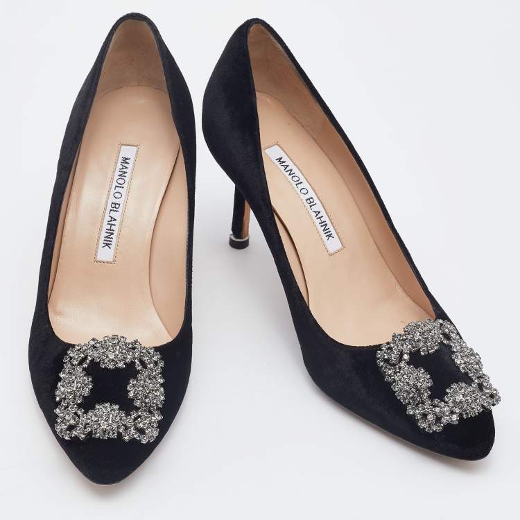 Pre Owned Manolo Blahnik Black Velvet Hangisi Crystal Embellished Pumps Size 36