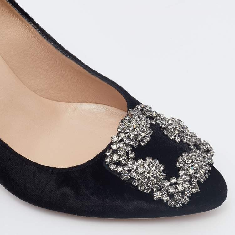 Pre Owned Manolo Blahnik Black Velvet Hangisi Crystal Embellished Pumps Size 36