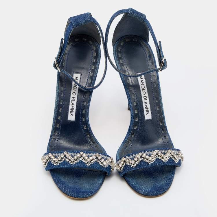 Pre Owned Manolo Blahnik Blue Denim Crystal Embellished Ankle Strap Sandals Size 36.5