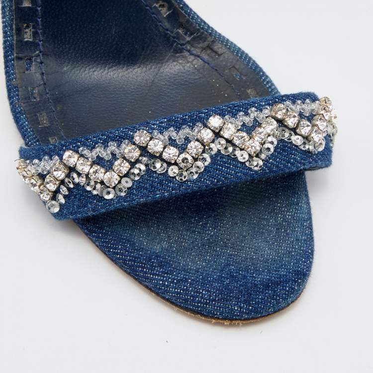 Pre Owned Manolo Blahnik Blue Denim Crystal Embellished Ankle Strap Sandals Size 36.5