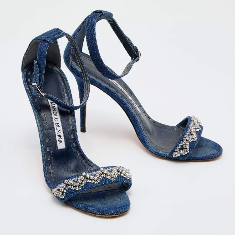 Pre Owned Manolo Blahnik Blue Denim Crystal Embellished Ankle Strap Sandals Size 36.5