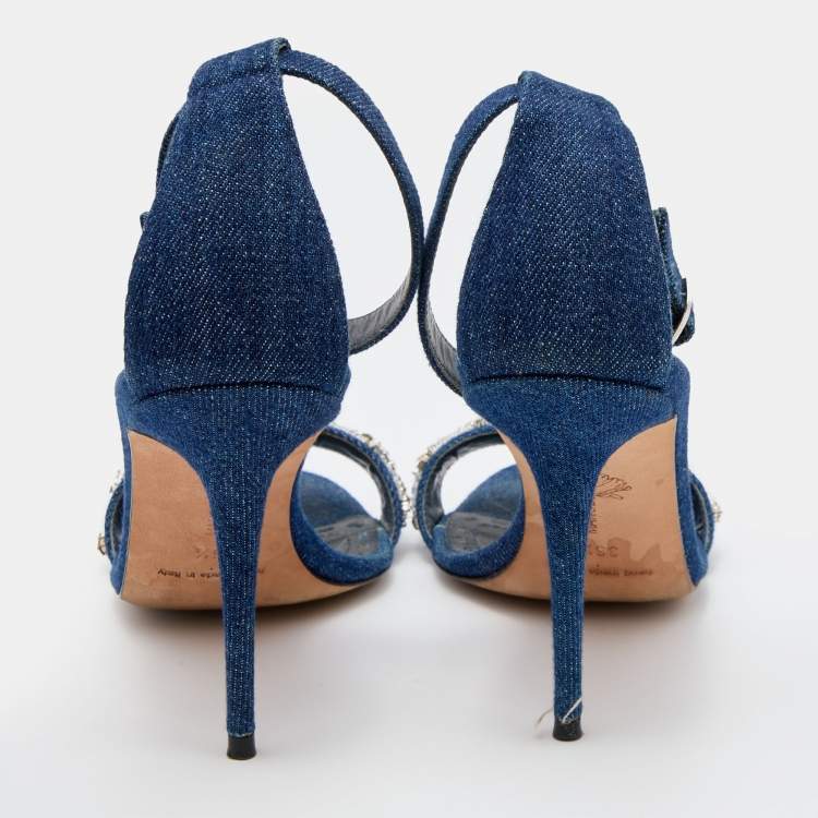 Pre Owned Manolo Blahnik Blue Denim Crystal Embellished Ankle Strap Sandals Size 36.5