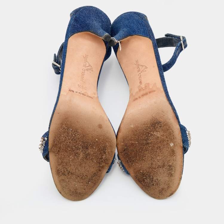 Pre Owned Manolo Blahnik Blue Denim Crystal Embellished Ankle Strap Sandals Size 36.5