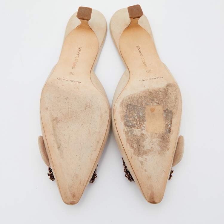 Pre Owned Manolo Blahnik Beige Suede Maysale Crystal Embellished Mules Size 36