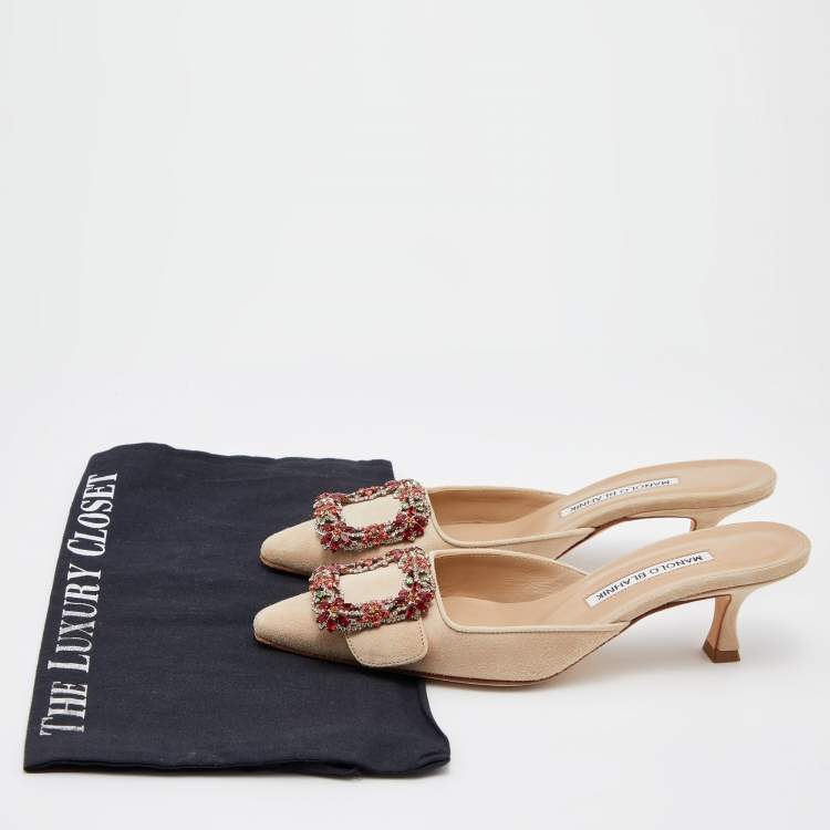Pre Owned Manolo Blahnik Beige Suede Maysale Crystal Embellished Mules Size 36