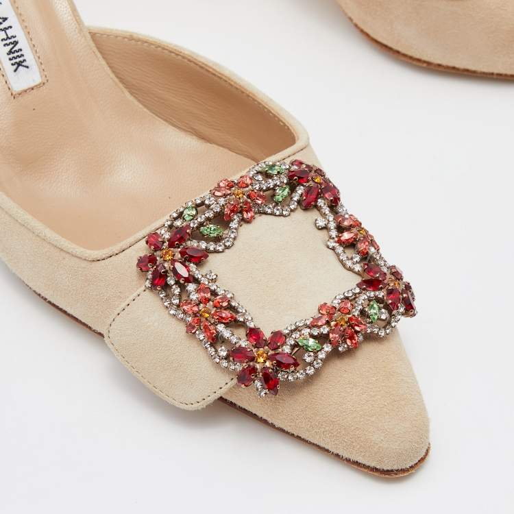Pre Owned Manolo Blahnik Beige Suede Maysale Crystal Embellished Mules Size 36