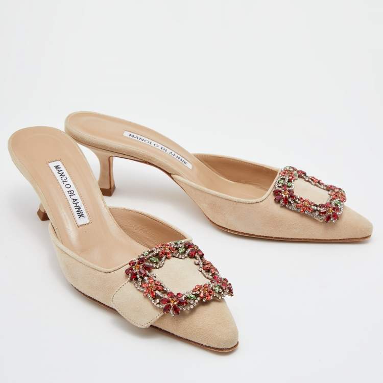 Pre Owned Manolo Blahnik Beige Suede Maysale Crystal Embellished Mules Size 36