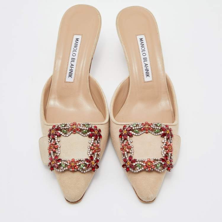 Pre Owned Manolo Blahnik Beige Suede Maysale Crystal Embellished Mules Size 36