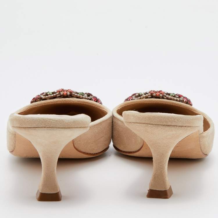 Pre Owned Manolo Blahnik Beige Suede Maysale Crystal Embellished Mules Size 36