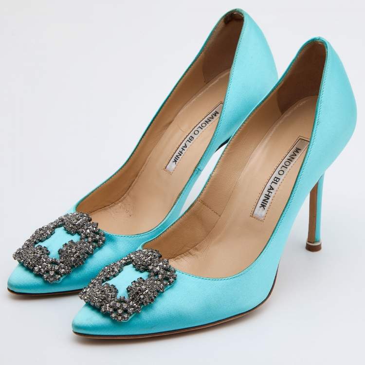 Pre Owned Manolo Blahnik Blue Satin Hangisi Crystal Embellished Pumps Size 37