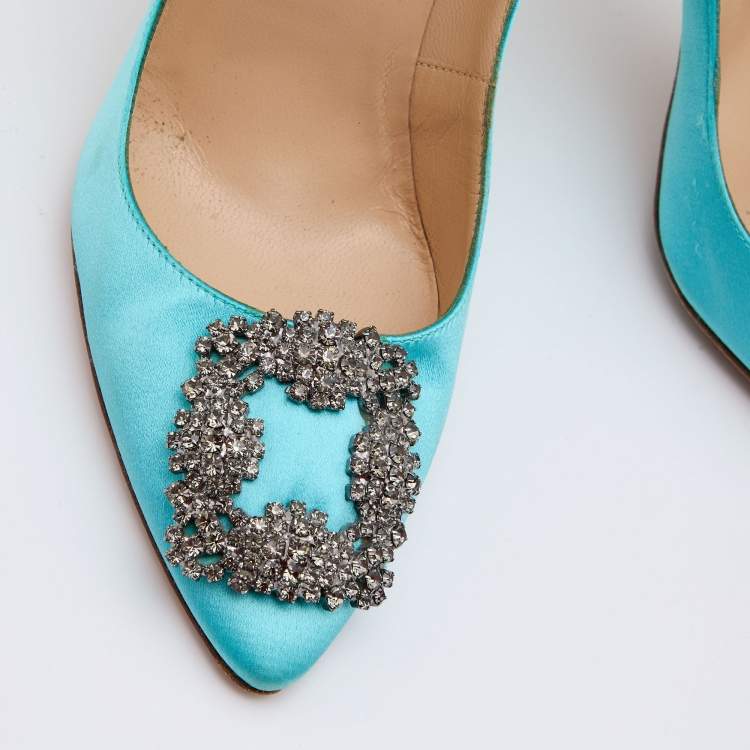Pre Owned Manolo Blahnik Blue Satin Hangisi Crystal Embellished Pumps Size 37