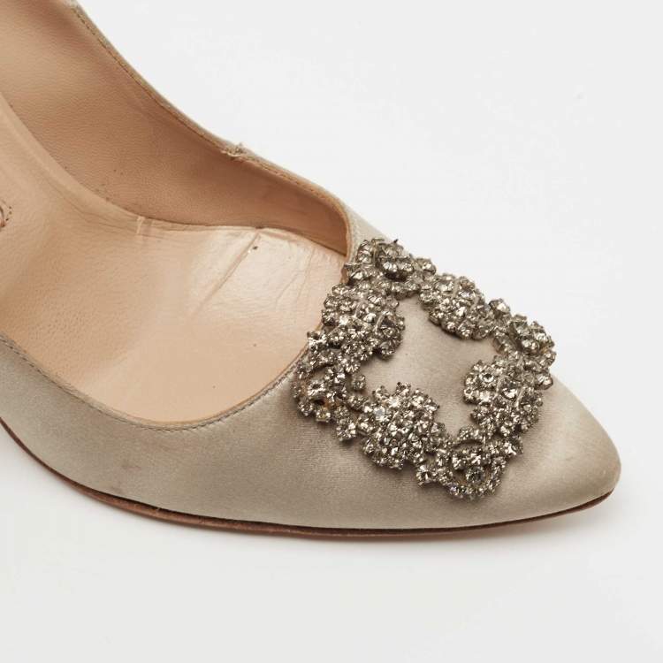 Pre Owned Manolo Blahnik Grey Satin Hangisi Pumps Size 39.5