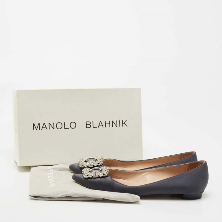 Pre Owned Manolo Blahnik Grey Satin Hangisi Ballet Flats Size 38.5