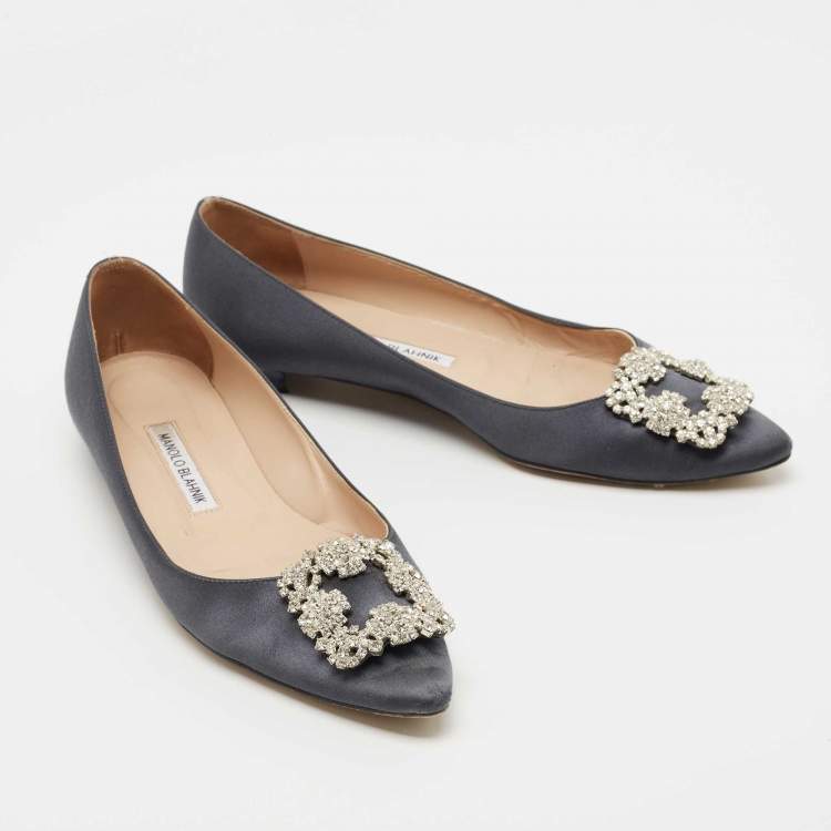 Pre Owned Manolo Blahnik Grey Satin Hangisi Ballet Flats Size 38.5