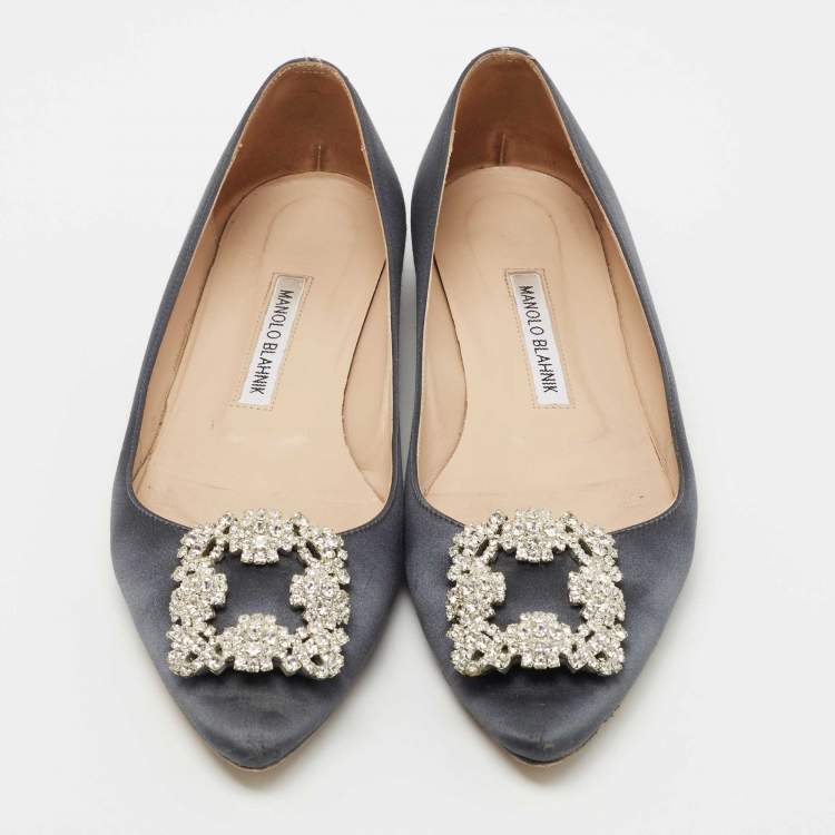 Pre Owned Manolo Blahnik Grey Satin Hangisi Ballet Flats Size 38.5