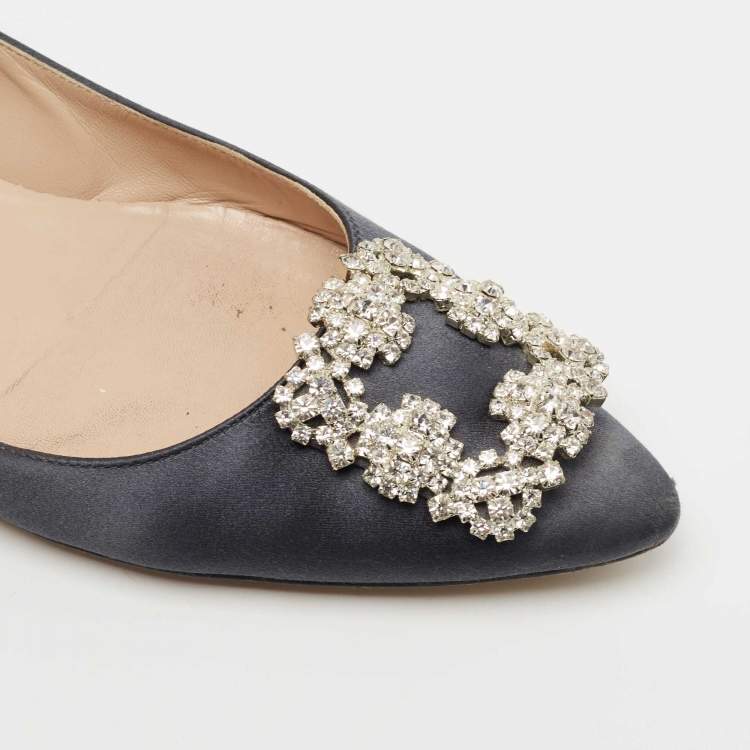 Pre Owned Manolo Blahnik Grey Satin Hangisi Ballet Flats Size 38.5