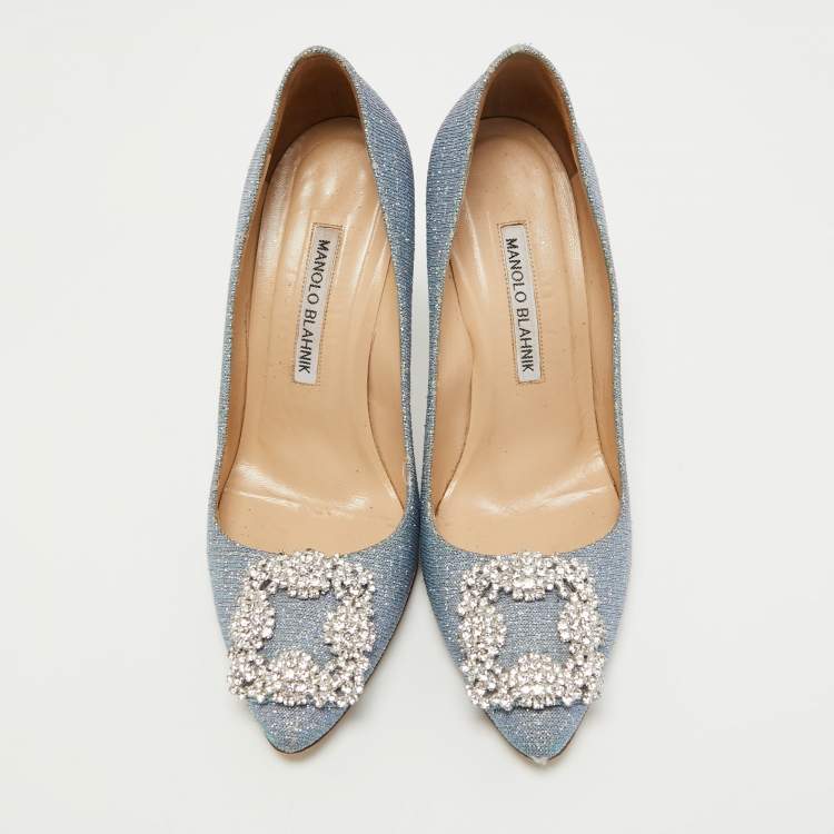 Pre Owned Manolo Blahnik Blue Lurex Fabric Hangisi Pumps Size 36.5