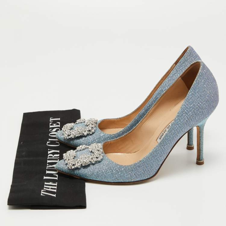 Pre Owned Manolo Blahnik Blue Lurex Fabric Hangisi Pumps Size 36.5