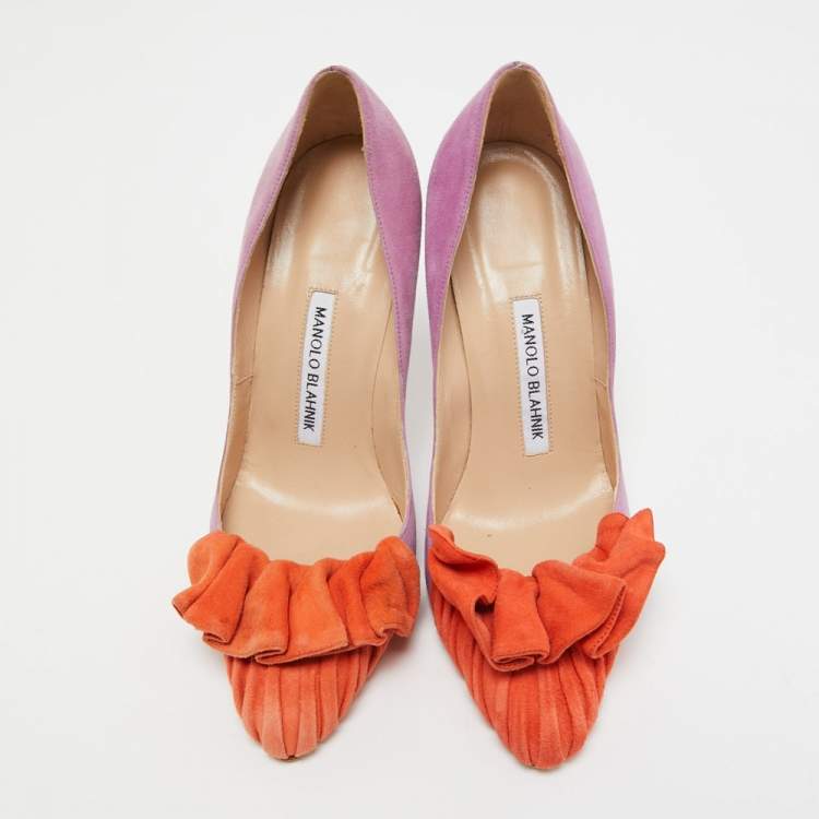 Pre Owned Manolo Blahnik Purple/Orange Suede Ruffle Pumps Size 37
