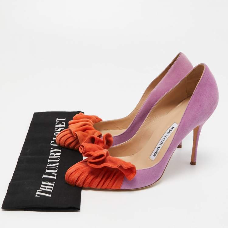 Pre Owned Manolo Blahnik Purple/Orange Suede Ruffle Pumps Size 37