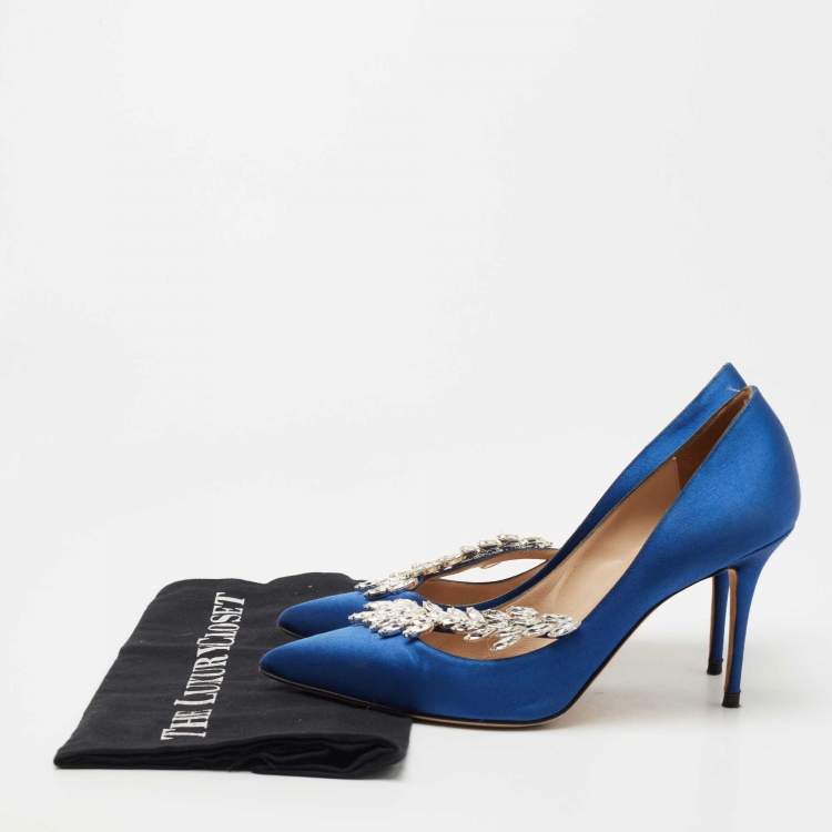 Pre Owned Manolo Blahnik Blue Satin Nadira Pumps Size 37
