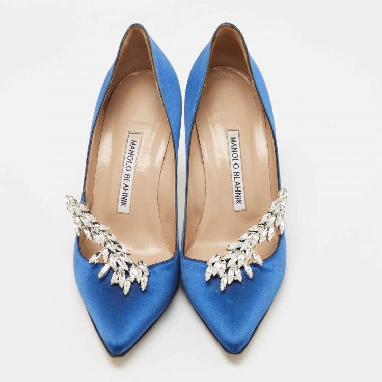 Pre Owned Manolo Blahnik Blue Satin Nadira Pumps Size 37